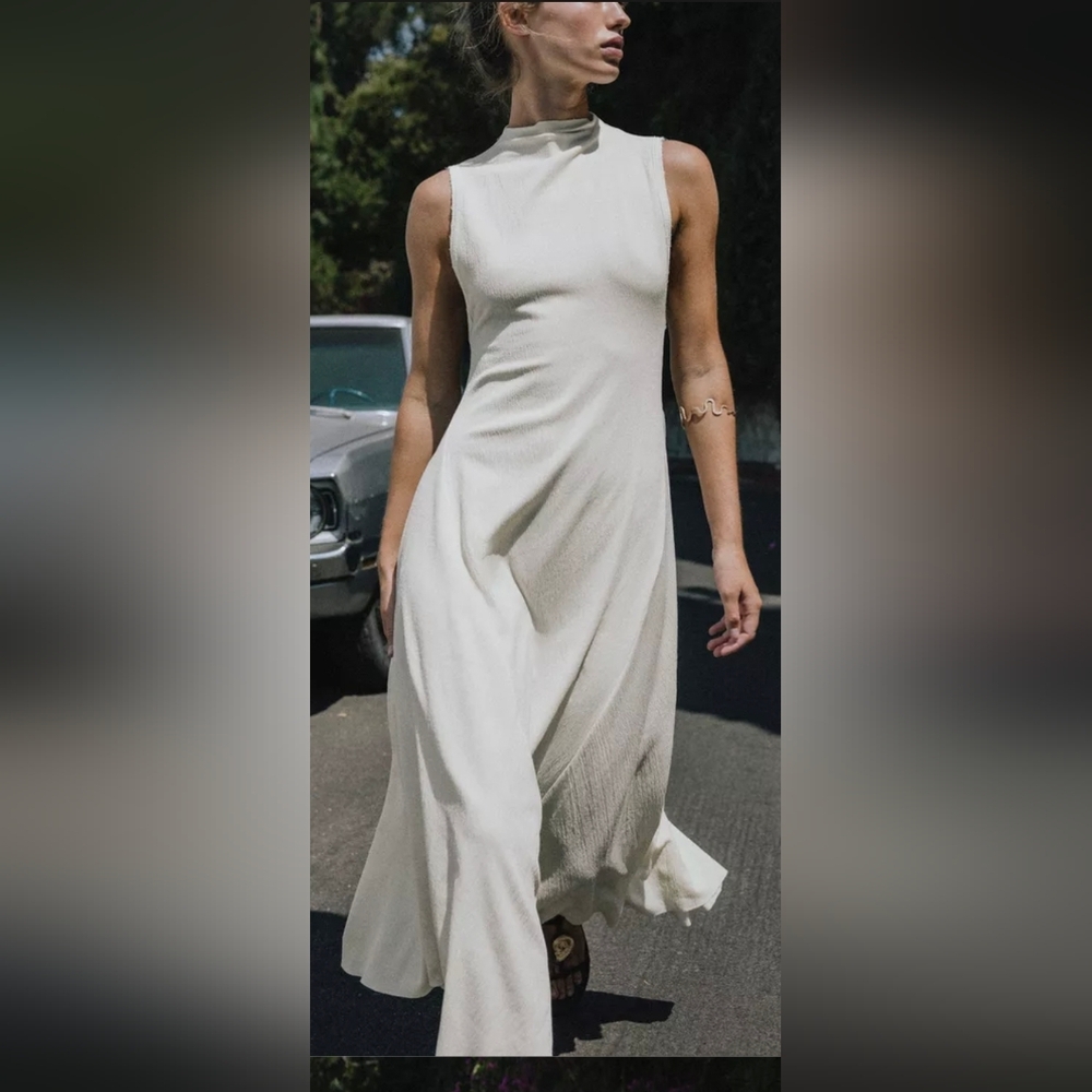 Zara S Size.Long dress with a round neck .nwt .Ecru